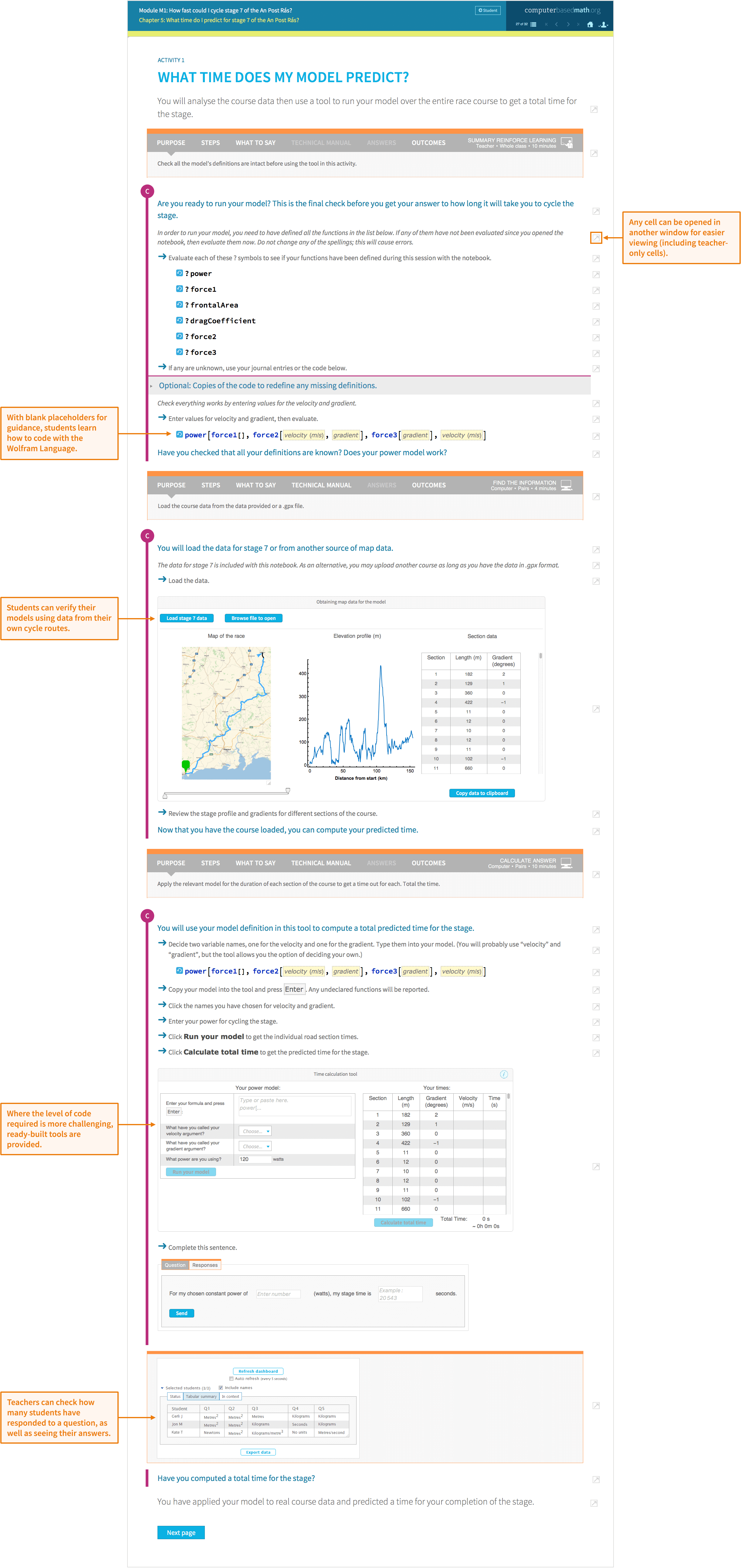 Sample module activity on predicting times in a cycling race. Teacher view shows how students can compute the answer, including coding with the Wolfram Language. Classroom dashboard shows which students have answered as well as their responses.