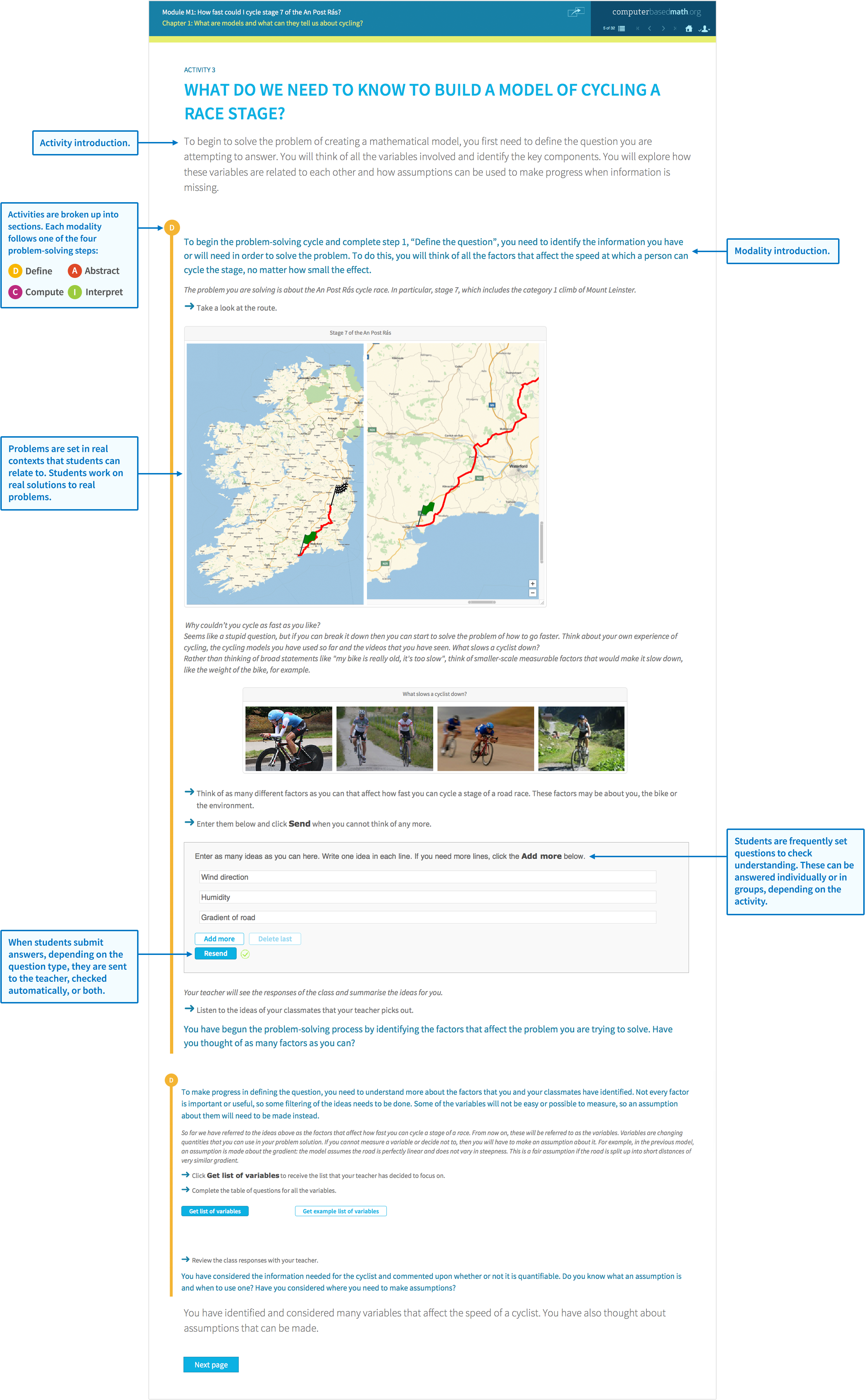 Sample module activity about starting to build a model of a cycling racing stage. Student view shows a description of the activity, how to define the problem to be solved, questions to confirm understanding.