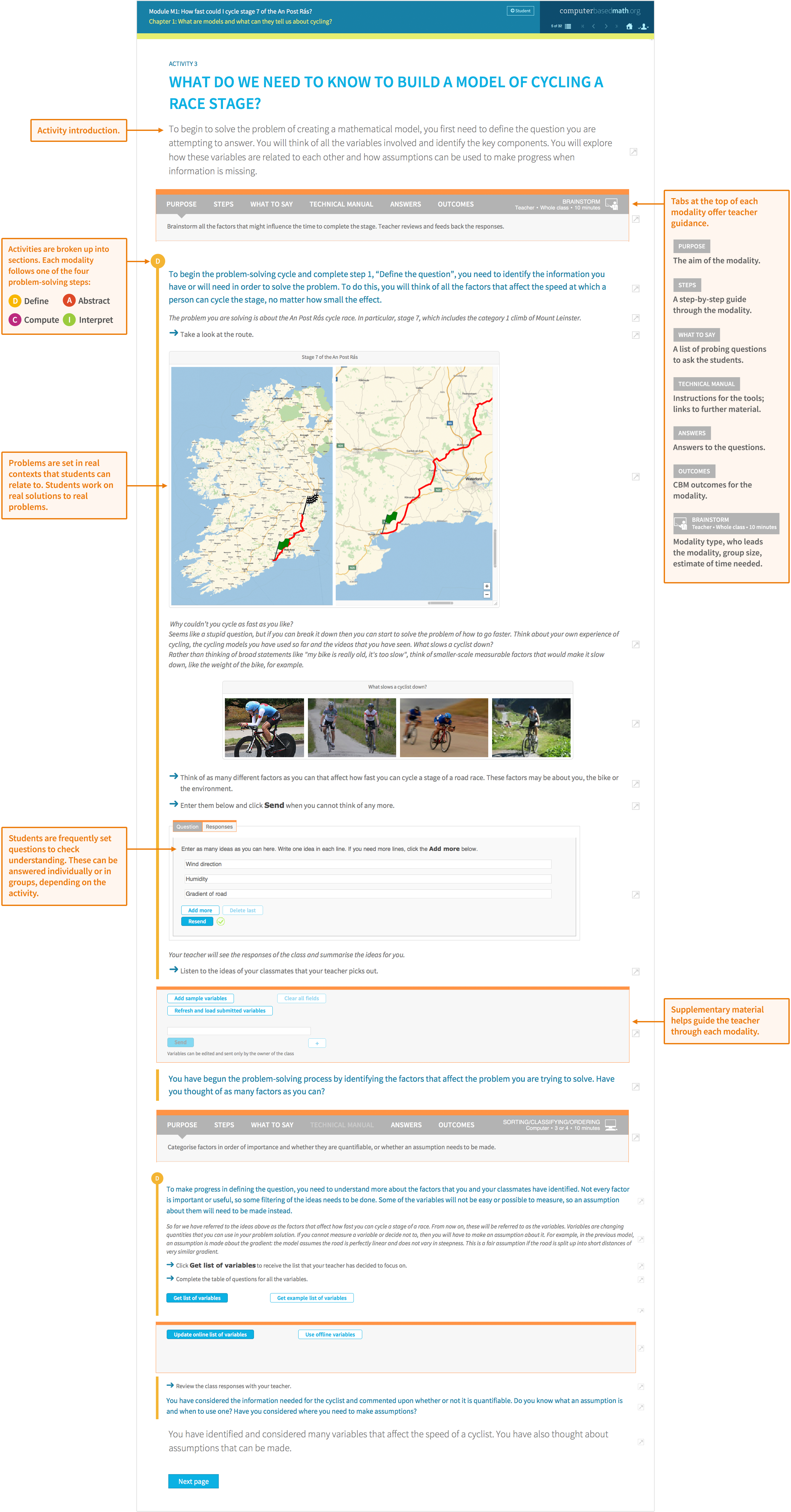 Sample module activity about starting to build a model of a cycling racing stage. Teacher view shows a description of the activity, content to help educators guide students through the activity, questions to confirm student understanding.