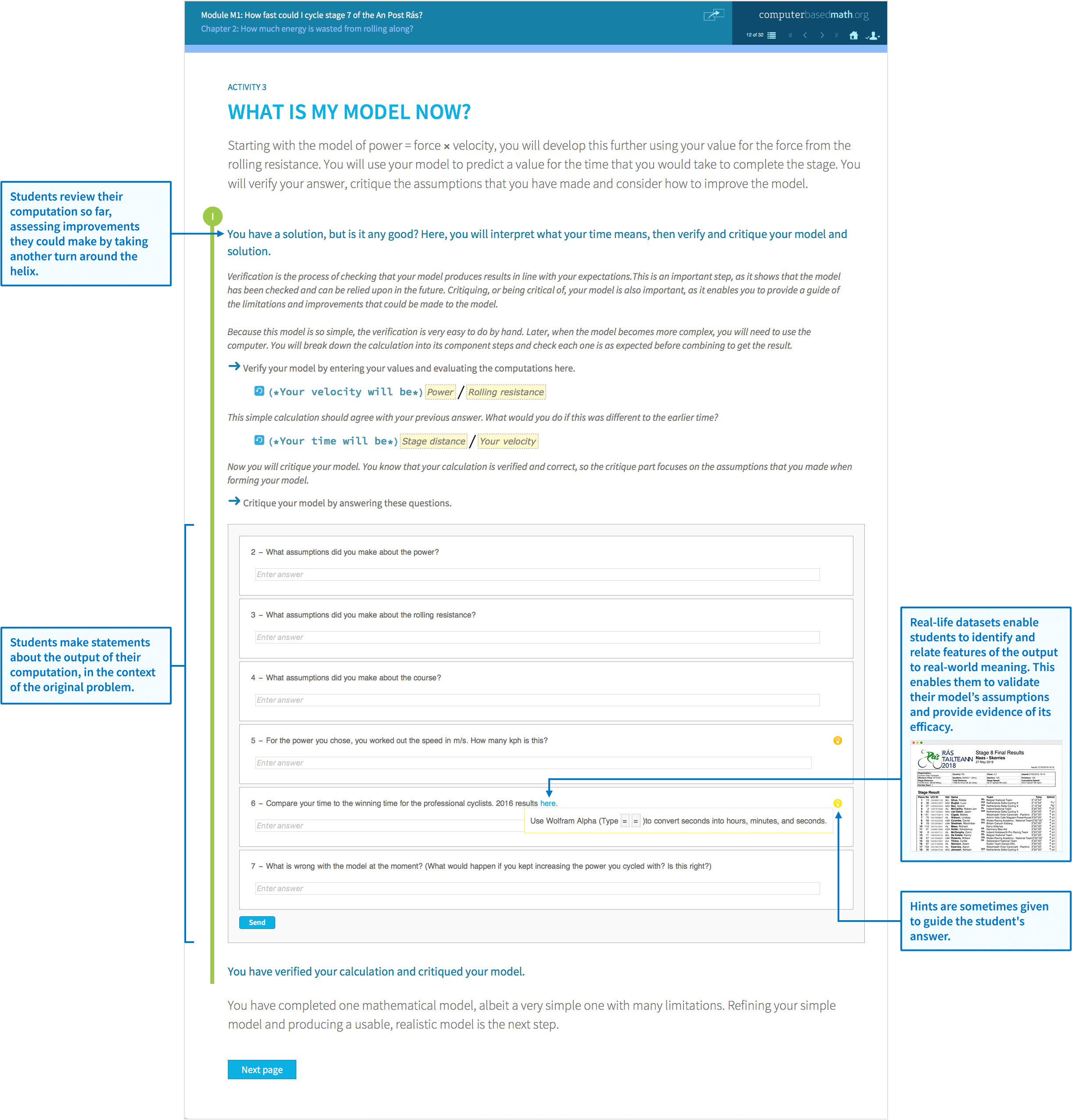 Sample module activity helps students review and understand their mathematical model. Questions are posed to confirm understanding.