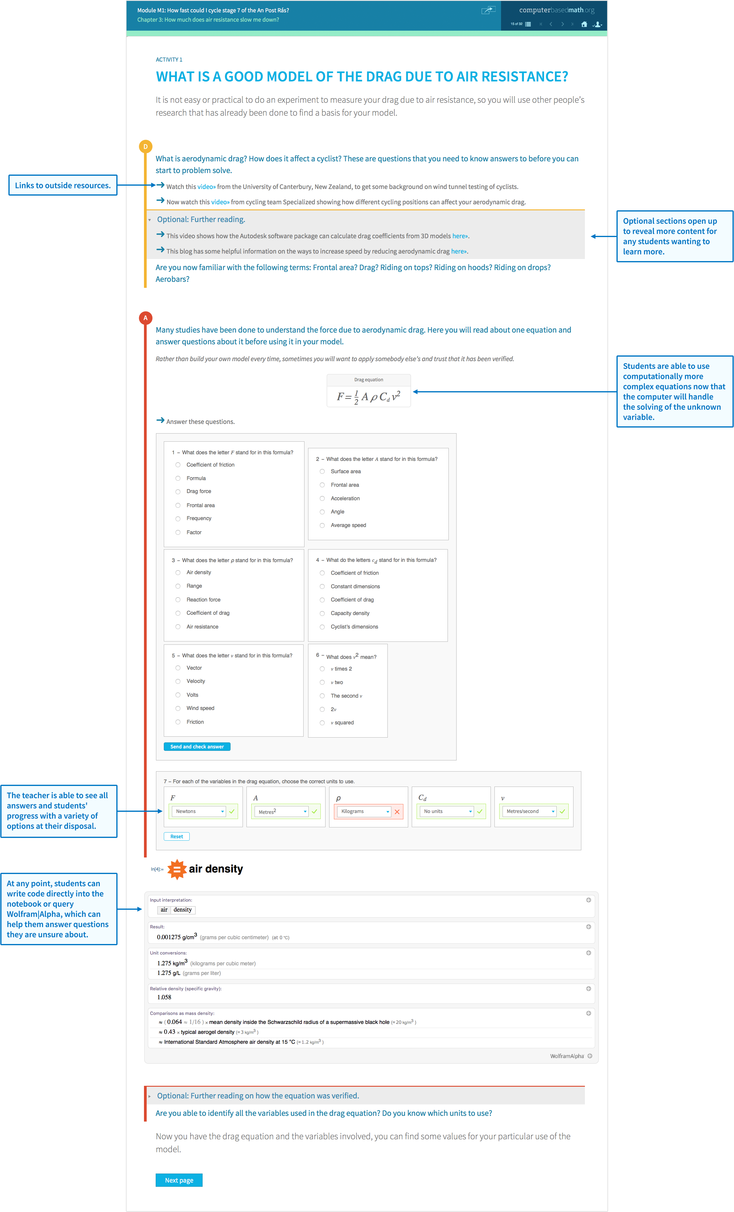 Sample module activity on modelling drag due to air resistance. Student view shows available resources, needed formulas or equations space to write Wolfram Language code or query Wolfram|Alpha.