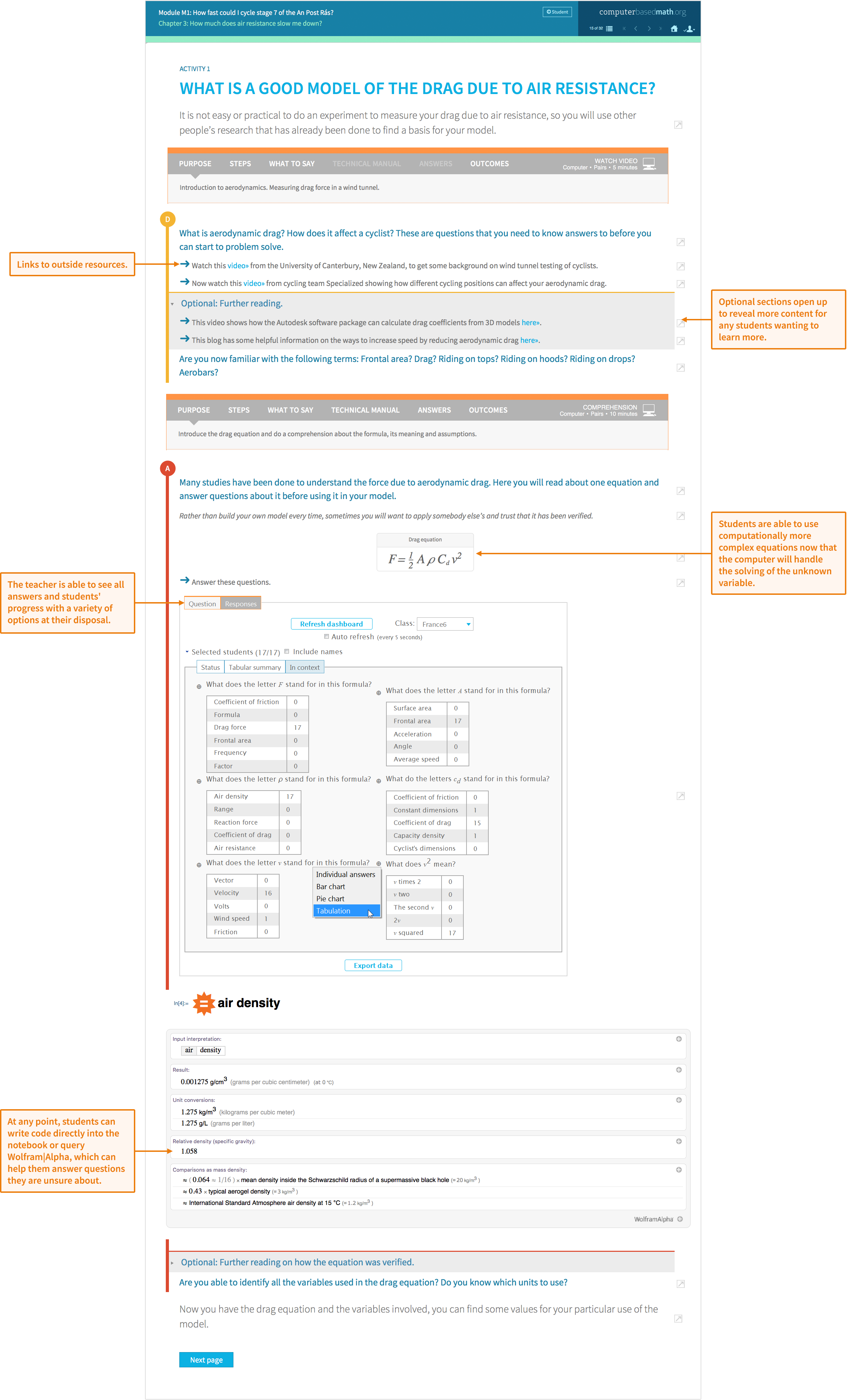 Sample module activity on modelling drag due to air resistance. Teacher view shows available resources, needed formulas or equations. Classroom dashboard shows which students have answered as well as their responses.