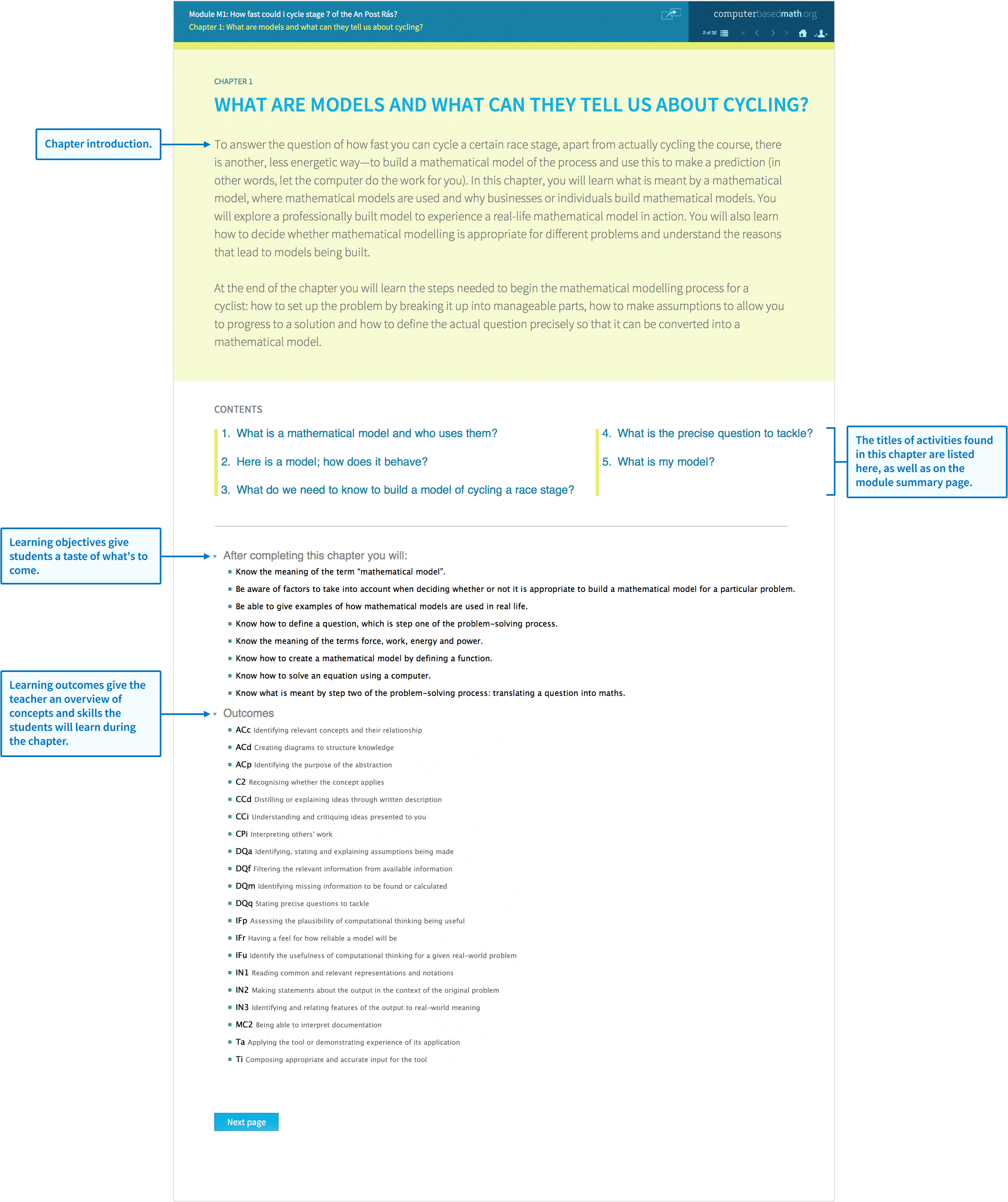 Sample module about modelling speeds during a cycling race. Student view shows text introducing the module topic, activities, learning objectives and outcomes.