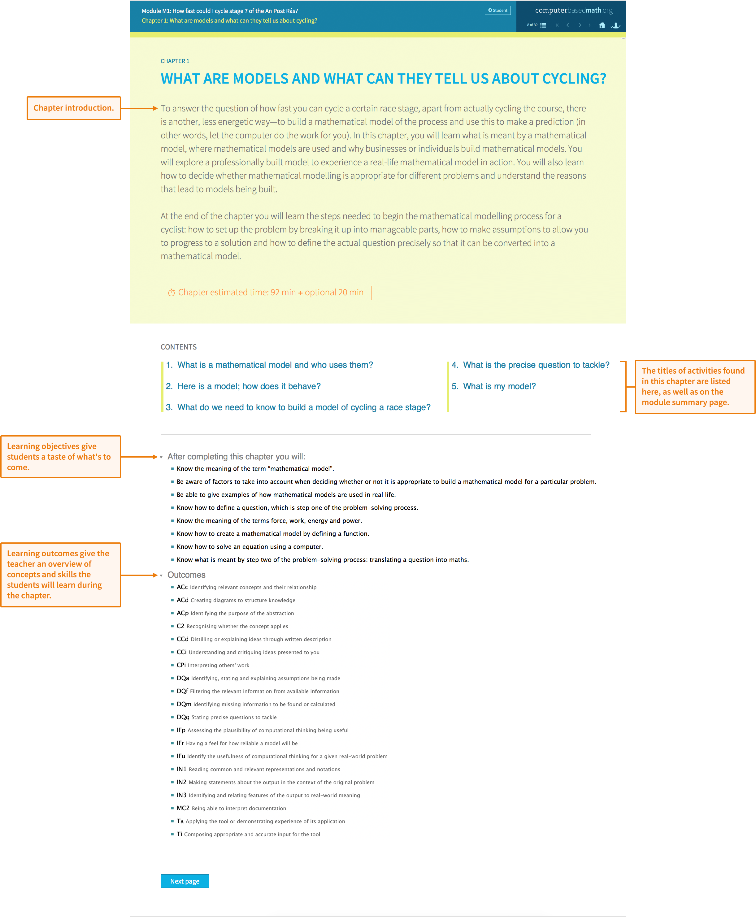 Sample module about modelling speeds during a cycling race. Teacher view shows text introducing the module topic, activities, learning objectives and outcomes.