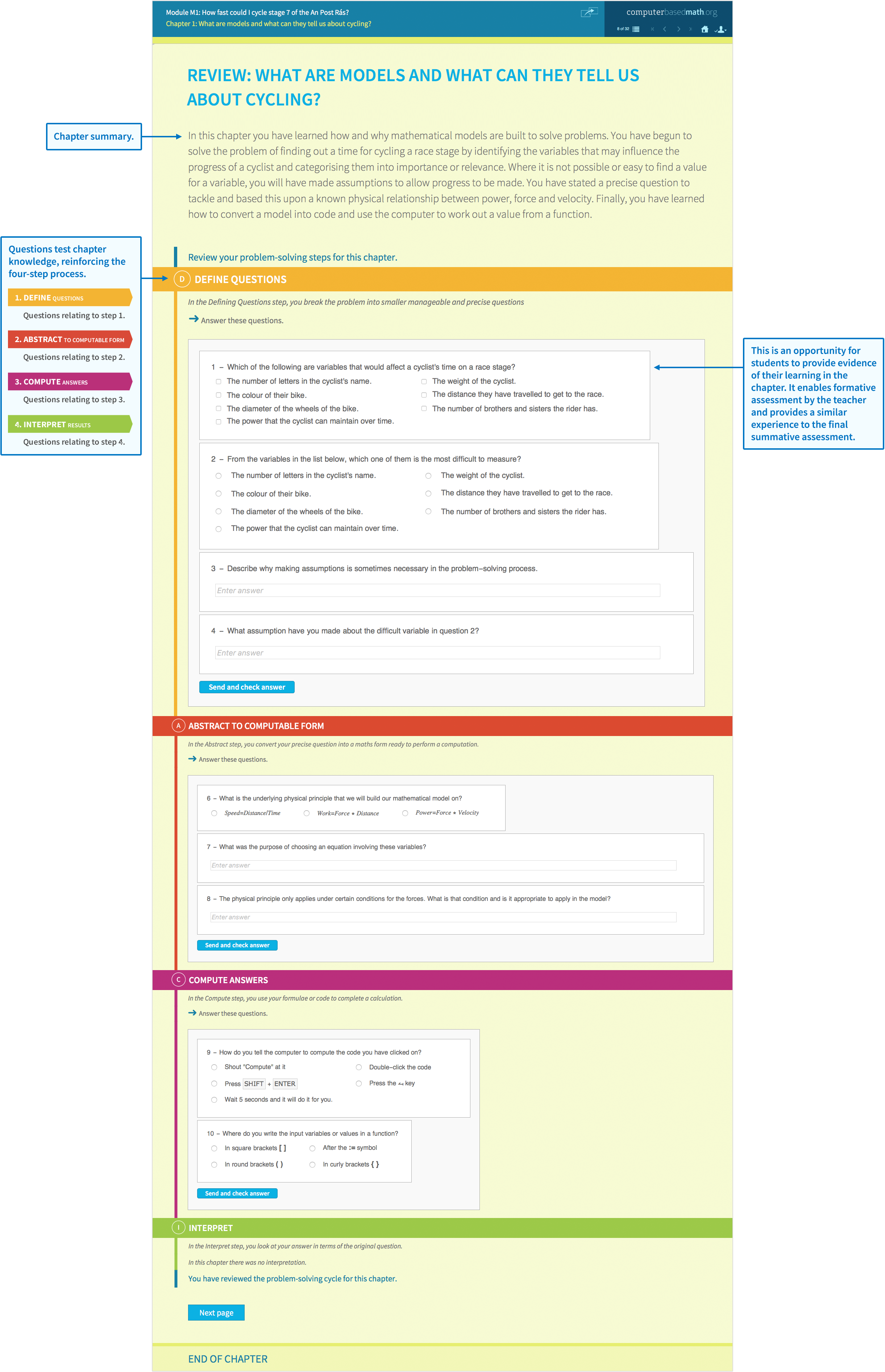 Sample module chapter review about modelling a cycling race. Student view shows a summary of the original activity, questions to reinforce the four-step problem-solving process and a final assessment.