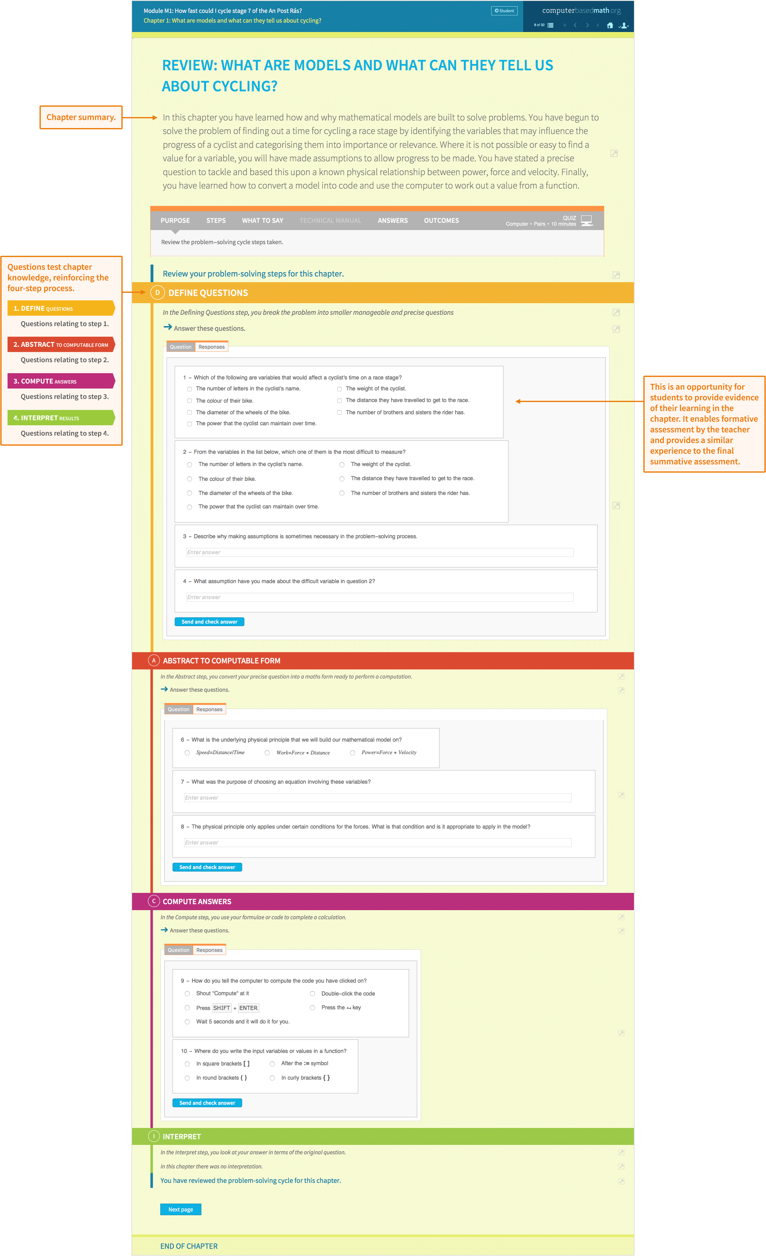 Sample module chapter review about modelling a cycling race. Teacher view shows a summary of the original activity, questions to reinforce the four-step problem-solving process and results from a final student assessment