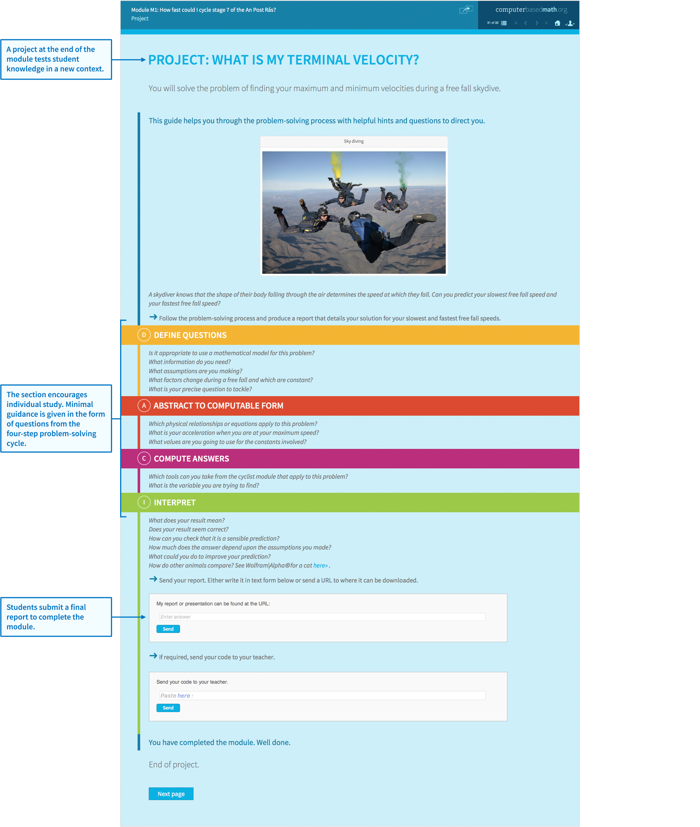 Sample post-activity project about finding terminal velocity. Student view shows the new problem to be solved, questions to guide through the problem-solving process and a submission area for the student's final report.