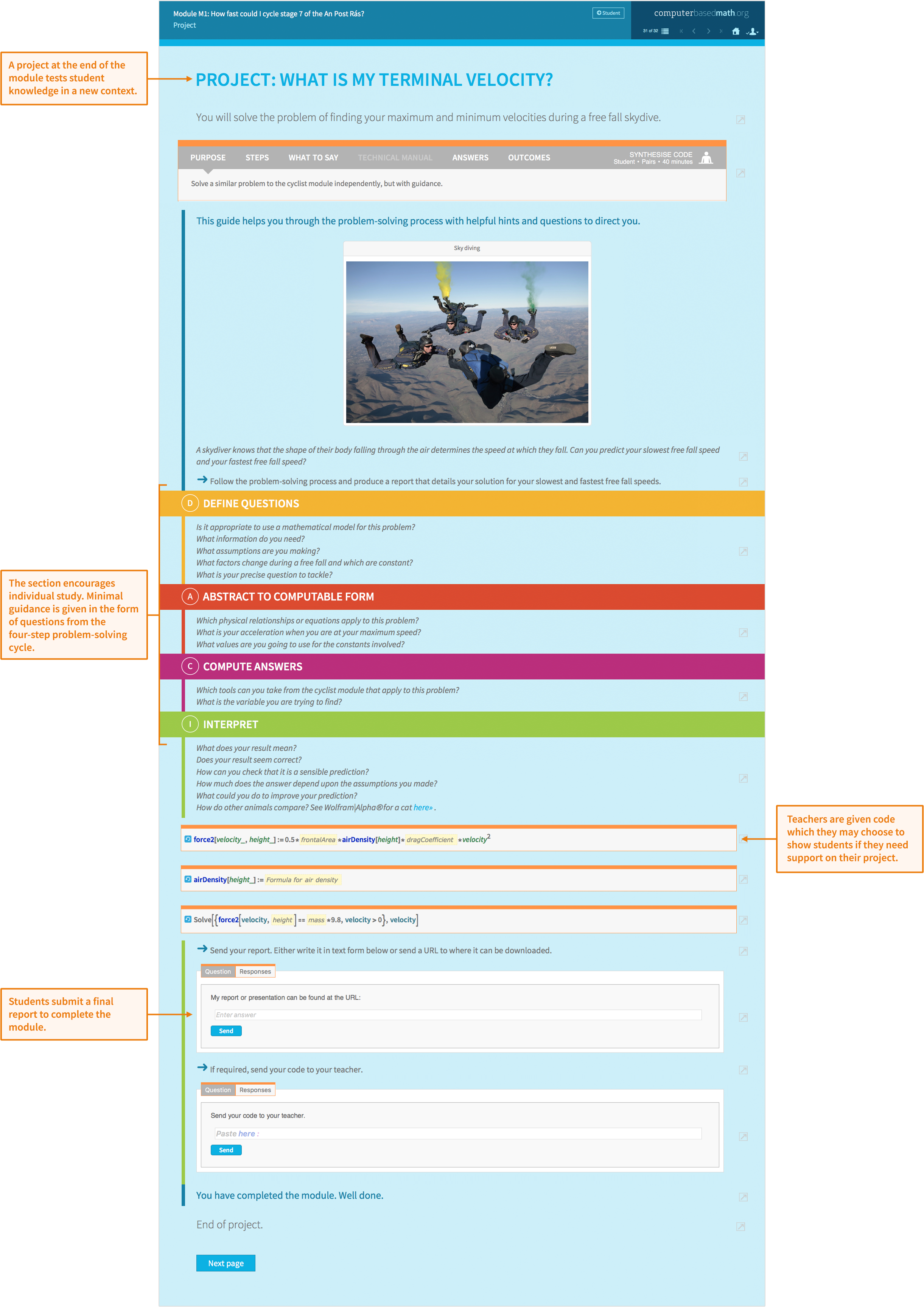 Sample post-activity project about finding terminal velocity. Teacher view shows the new problem to be solved, problem-solving questions, code hints and the student's final report.